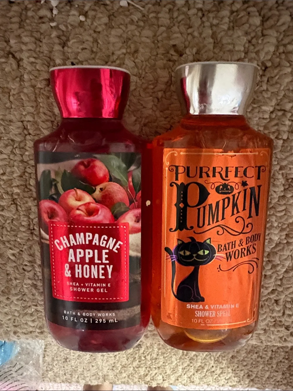 Bath and body shower gels in champagne apple &honey and purrfect pumpkin